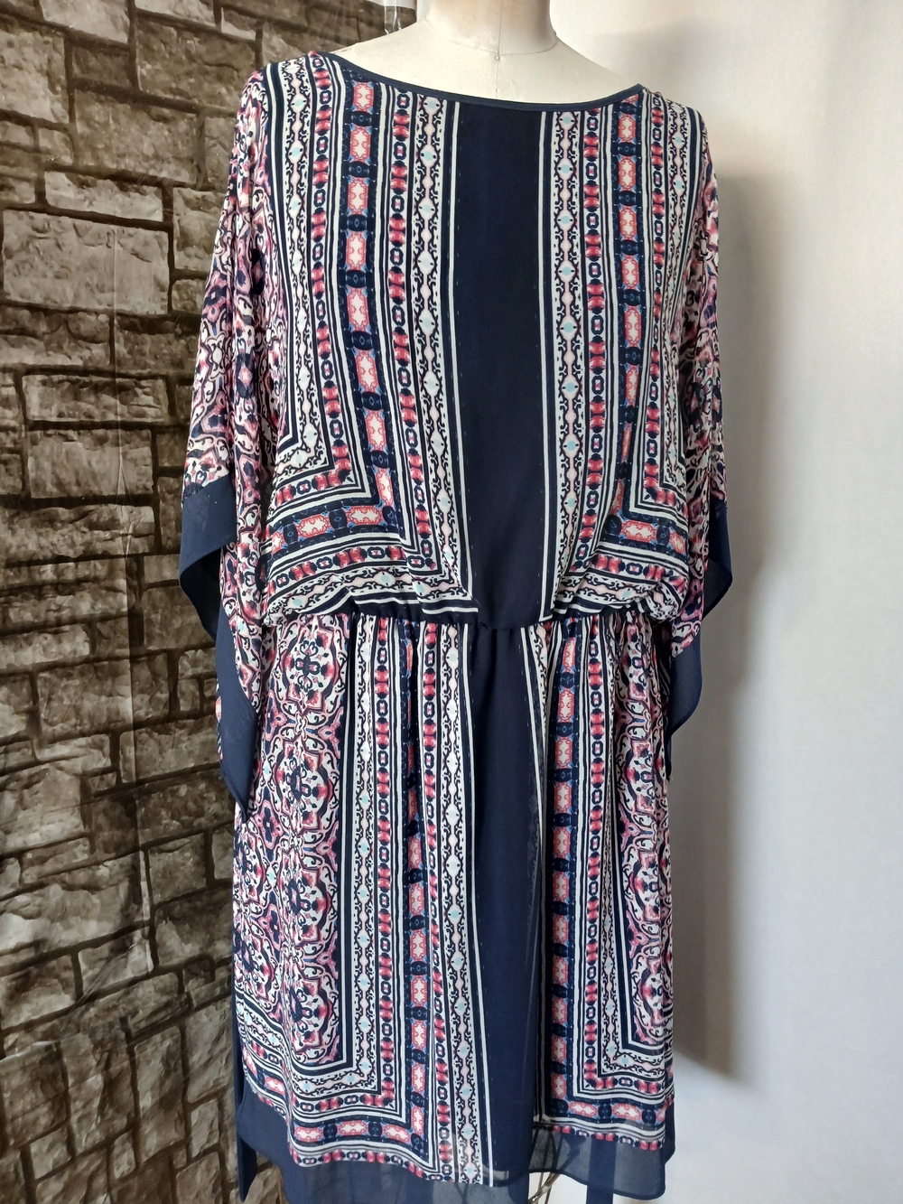 Navy Blue Printed Midi Dress with Pink Accents